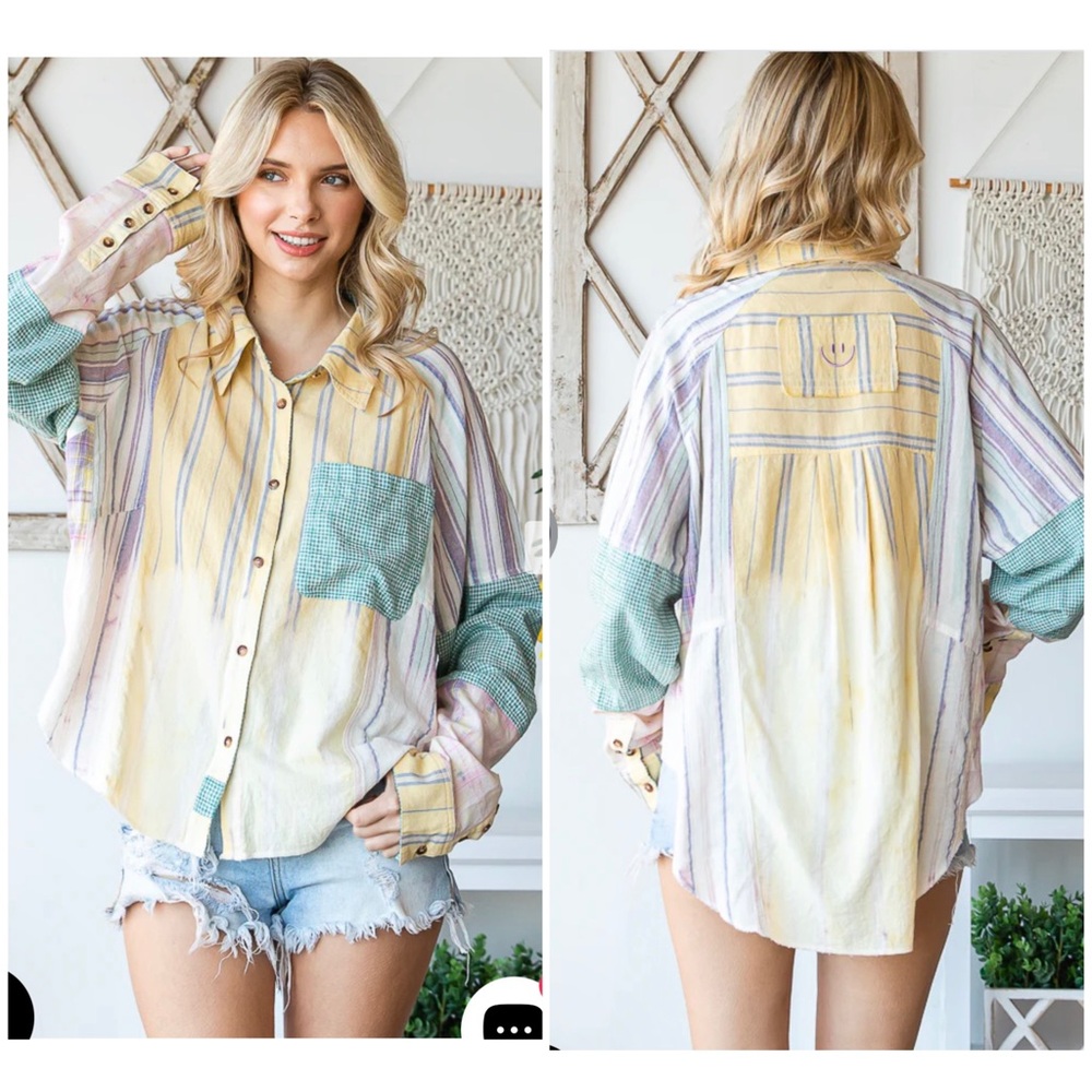 Oli & Hali Washed Mixed Plaid Pocket Long Sleeve Shirt Striped Boho Oversized L